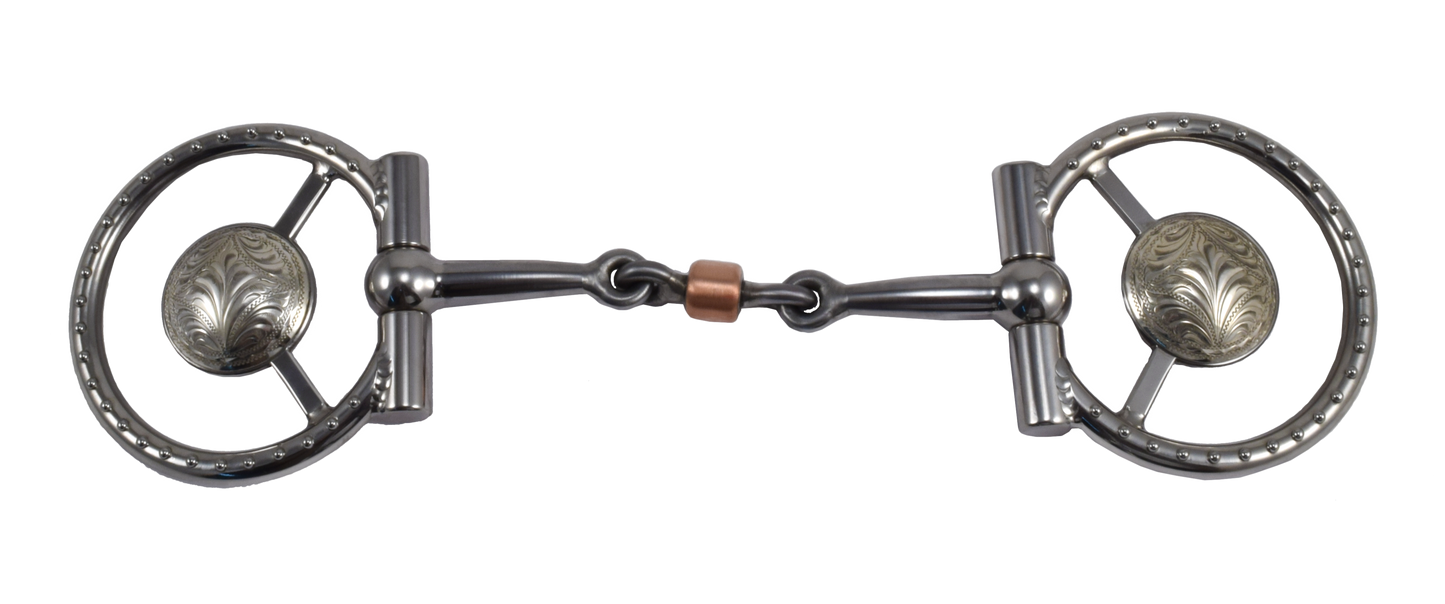 Mors de filet équin #395 Ballhinge D-Ring Slick 50 avec conchos gravés à la main par Tom Balding Horse Tack