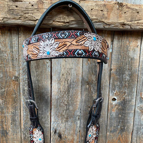 Headstall #111 - Browband Two Tone Hand Painted flower Browband Headstall
