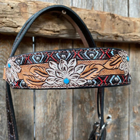 Headstall #111 - Browband Two Tone Hand Painted flower Browband Headstall