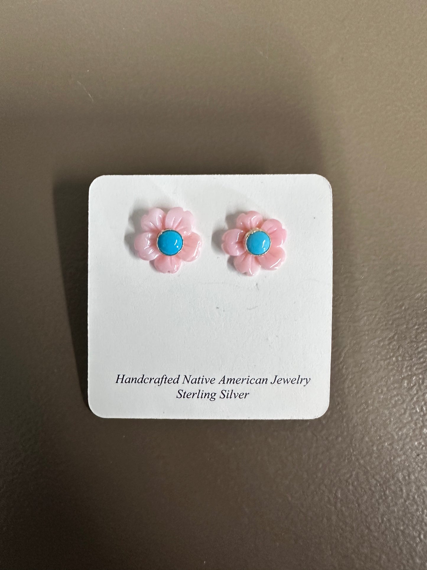 Pink Conch Flower Shell with Turquoise Center Post Earrings