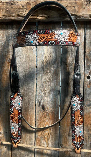 Headstall #111 - Browband Two Tone Hand Painted flower Browband Headstall