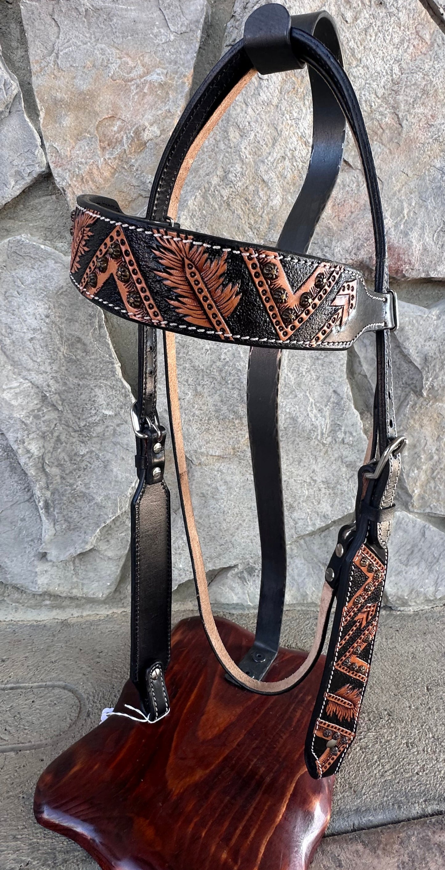 Headstall #112 - Browband Headstall Light & Dark Feather
