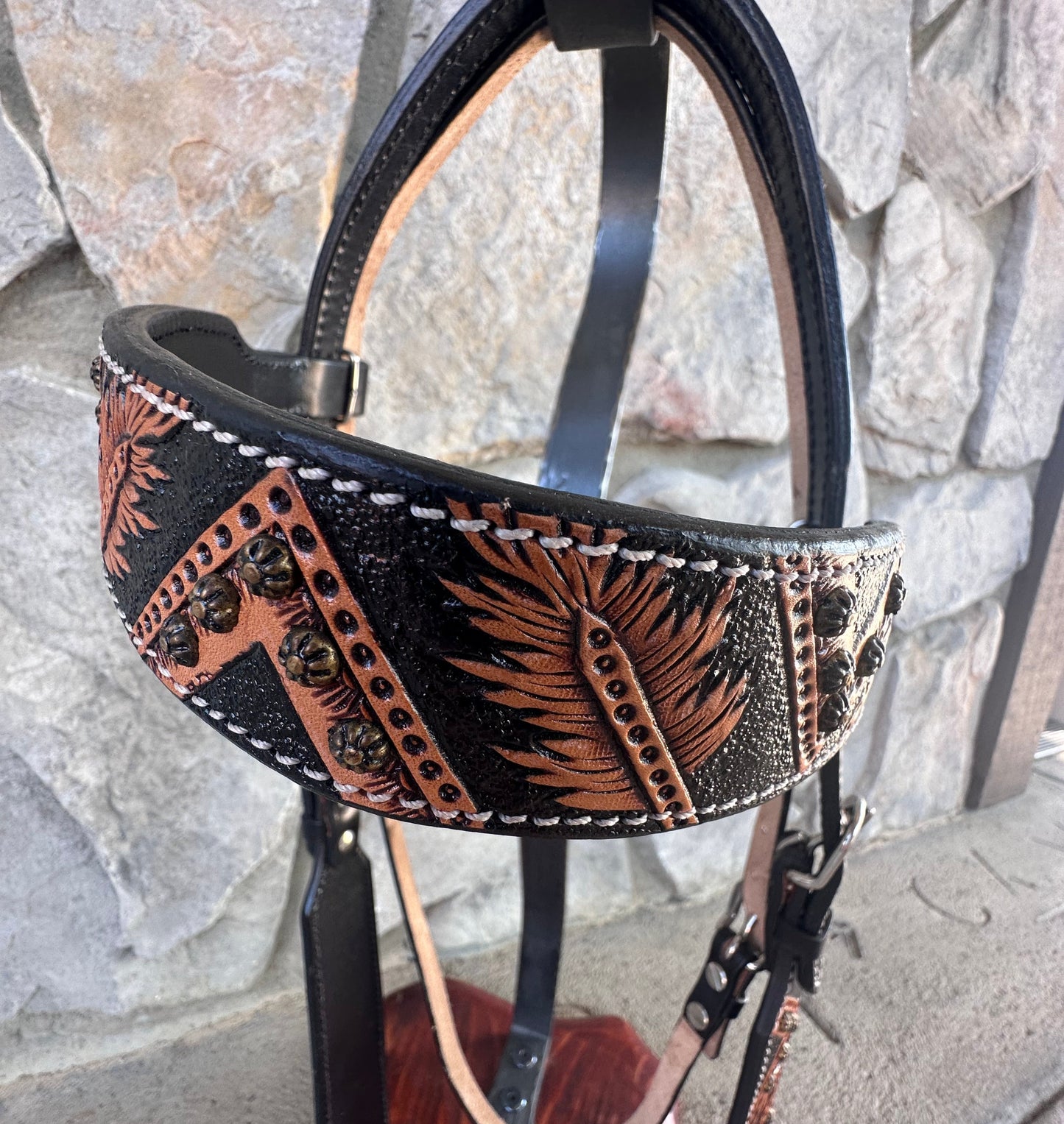 Headstall #112 - Browband Headstall Light & Dark Feather