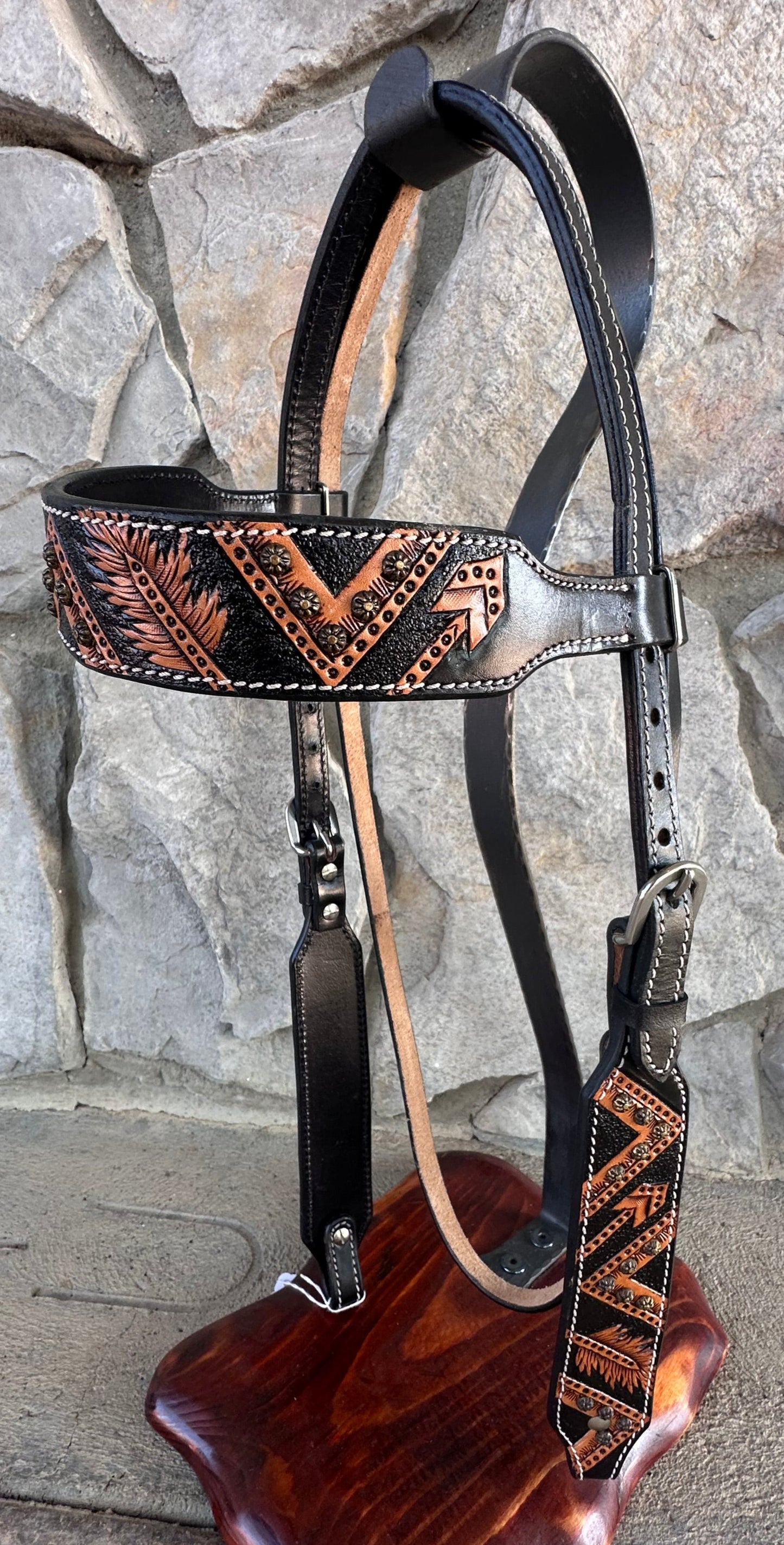 Headstall #112 - Browband Headstall Light & Dark Feather