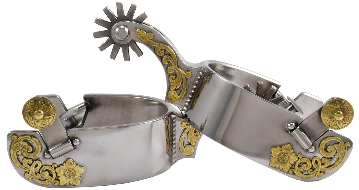 Equestrian Spur #55 Brass Floral avec finition en acier inoxydable par Tom Balding Horse Tack