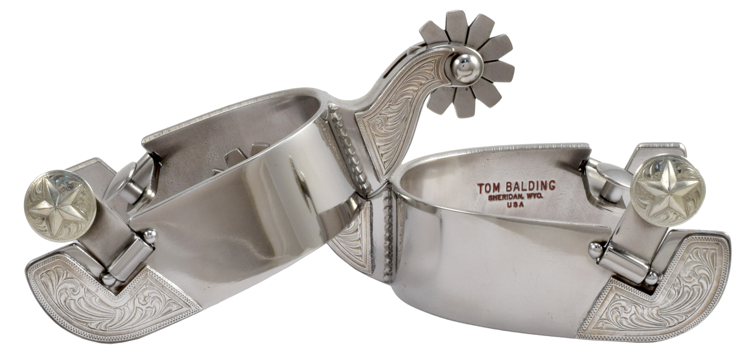 Éperon équestre #52 argent gravé sur la tige et le bras oscillant et finition en acier inoxydable par Tom Balding Horse Tack