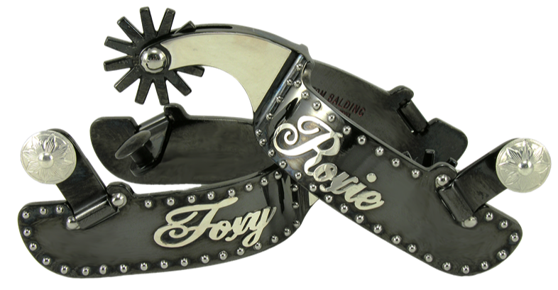Equestrian Spur #11 Points et tige en acier inoxydable avec nom personnalisé et finition noire par Tom Balding Horse Tack