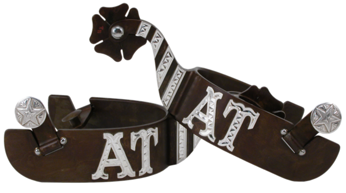 Equestrian Spur #21 Barre d'argent avec initiales personnalisées et finition marron par Tom Balding Horse Tack