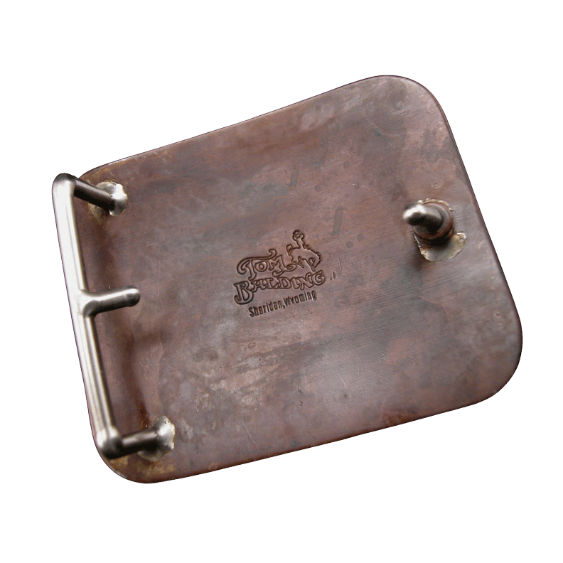 Steel Belt Buckle with Brown Finish, Dots On Edge, & Name - 3" By Tom Balding Bits & Spurs