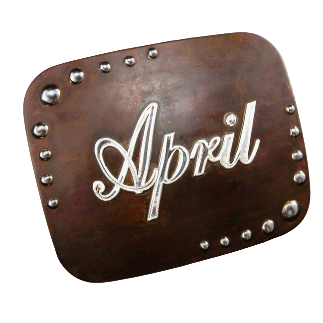 Steel Belt Buckle with Brown Finish, Dots On Edge, & Name - 3" By Tom Balding Bits & Spurs
