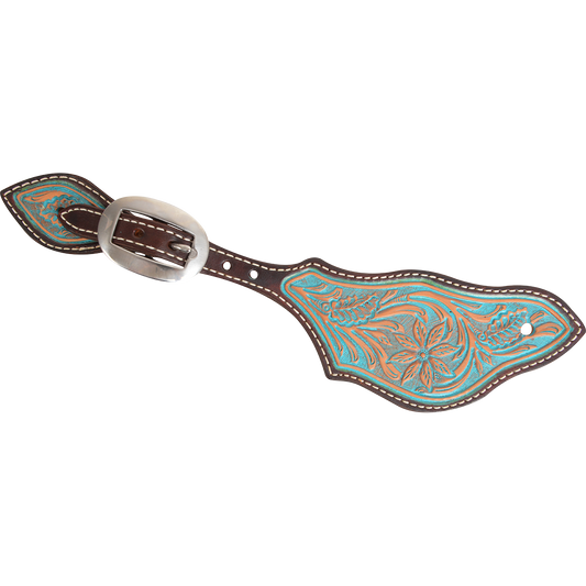 Spur Strap #62 Natural Skirting Leather Strap With Desert Flower Tooling with Turquoise Wash
