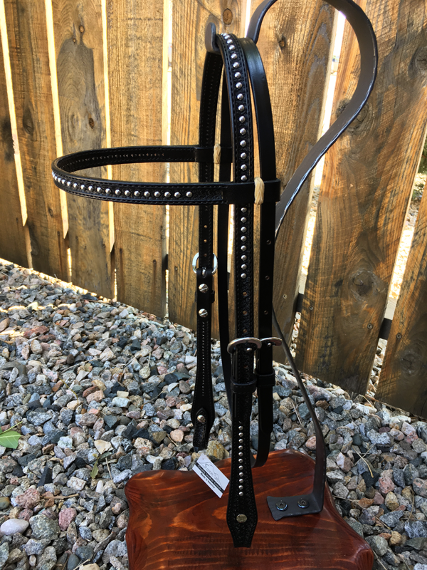 Headstall #101 - Straight Browband Headstall in Basket Black and Dots