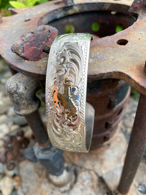 German Silver Engraved Pattern Bracelet With Bucking Horse