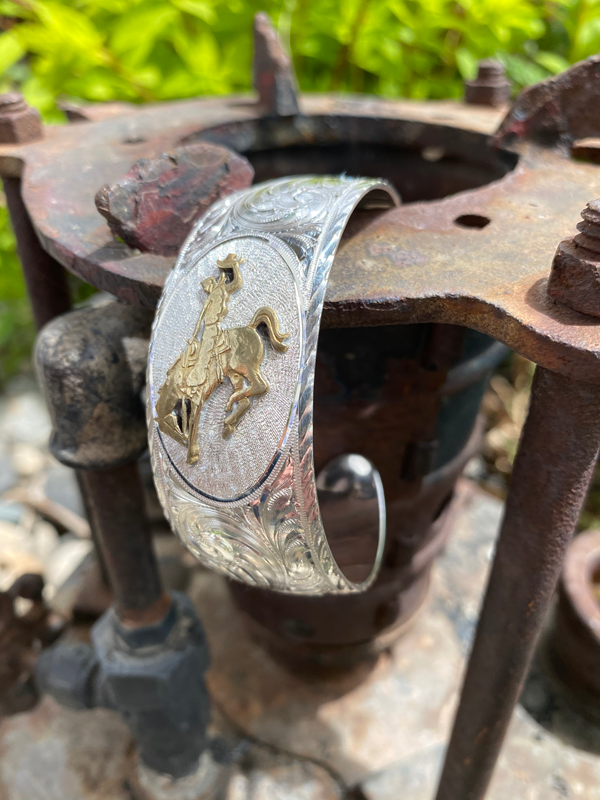 Hand Engraved Sterling Silver Bucking Horse Bracelet