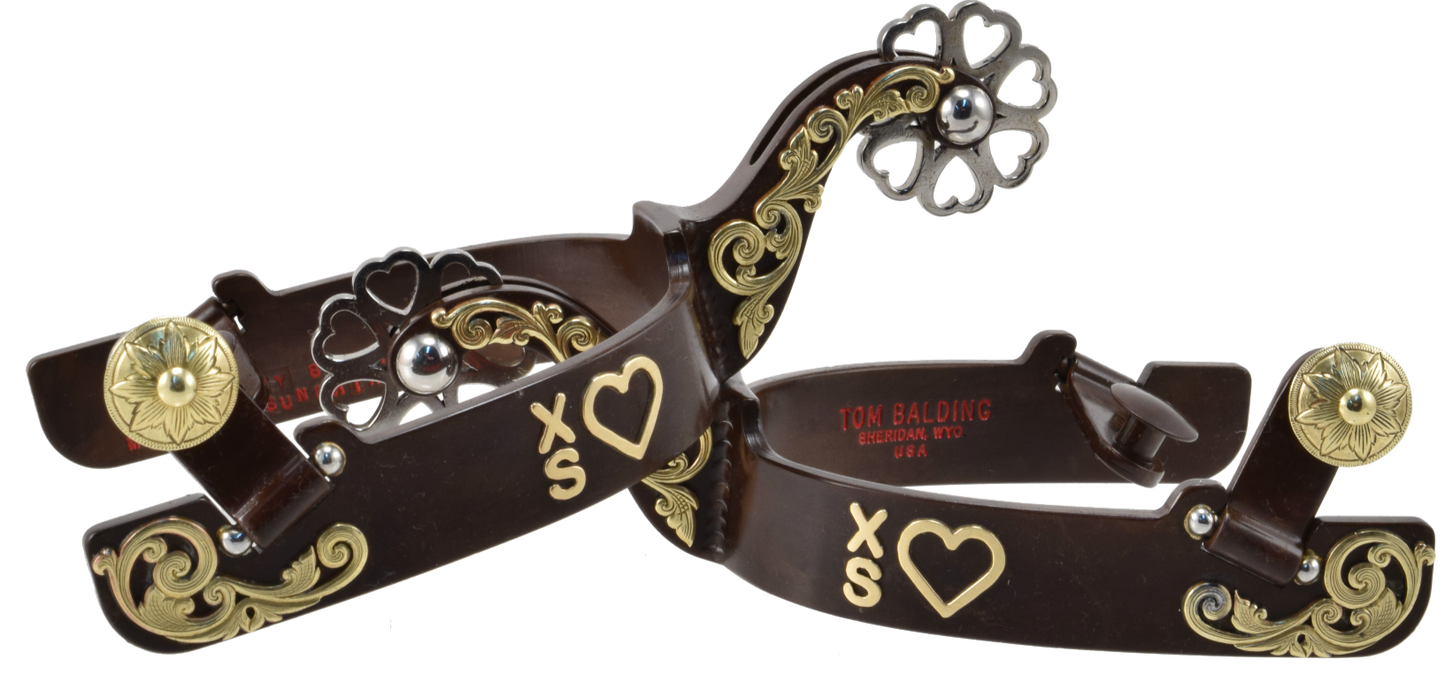 Éperon n° 2 en laiton avec motif floral et marque ou nom personnalisé sur finition marron