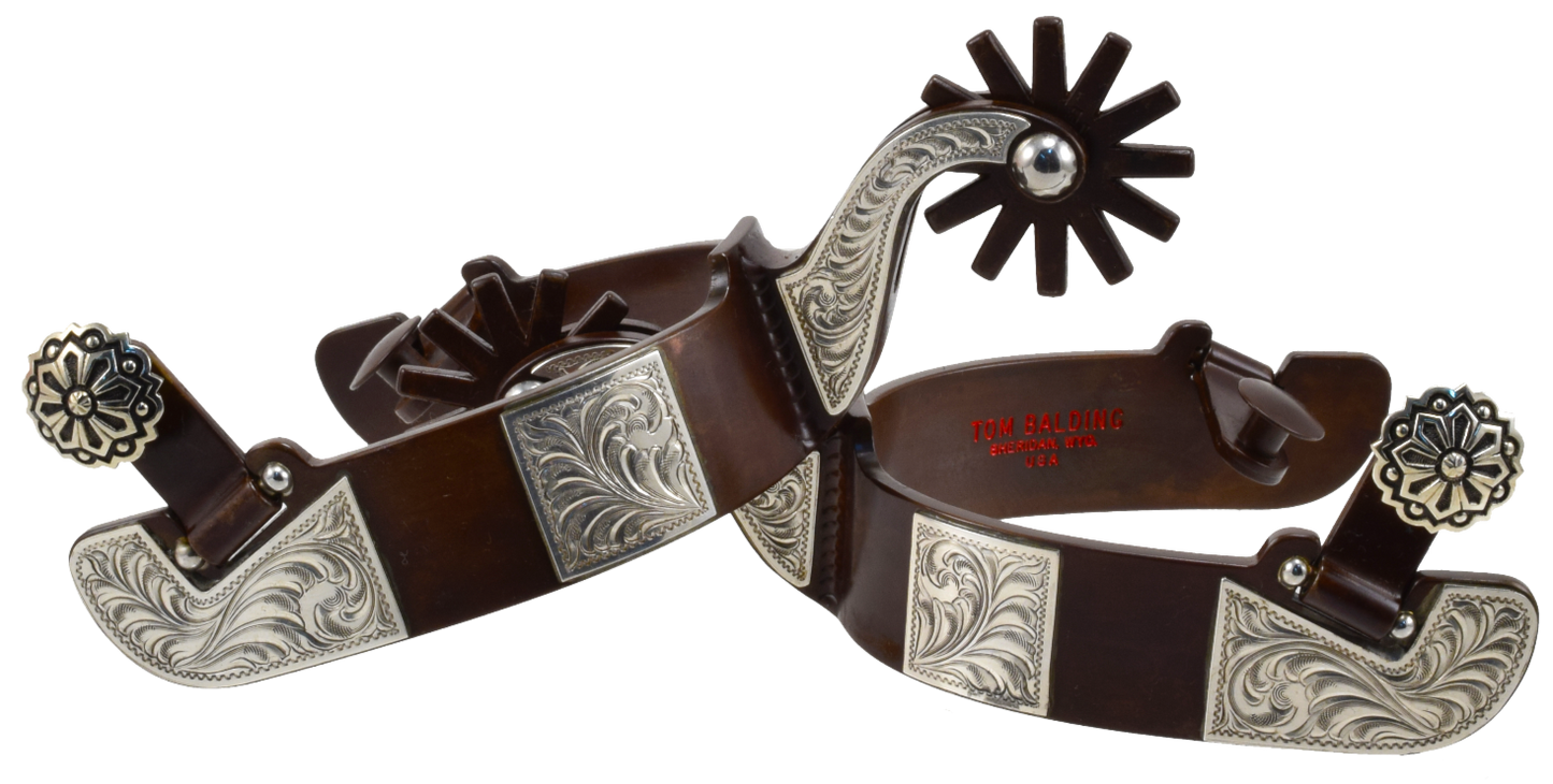 Equestrian Spur #67 Plaques d'argent gravées sur une bande coupée avec finition marron par Tom Balding Horse Tack