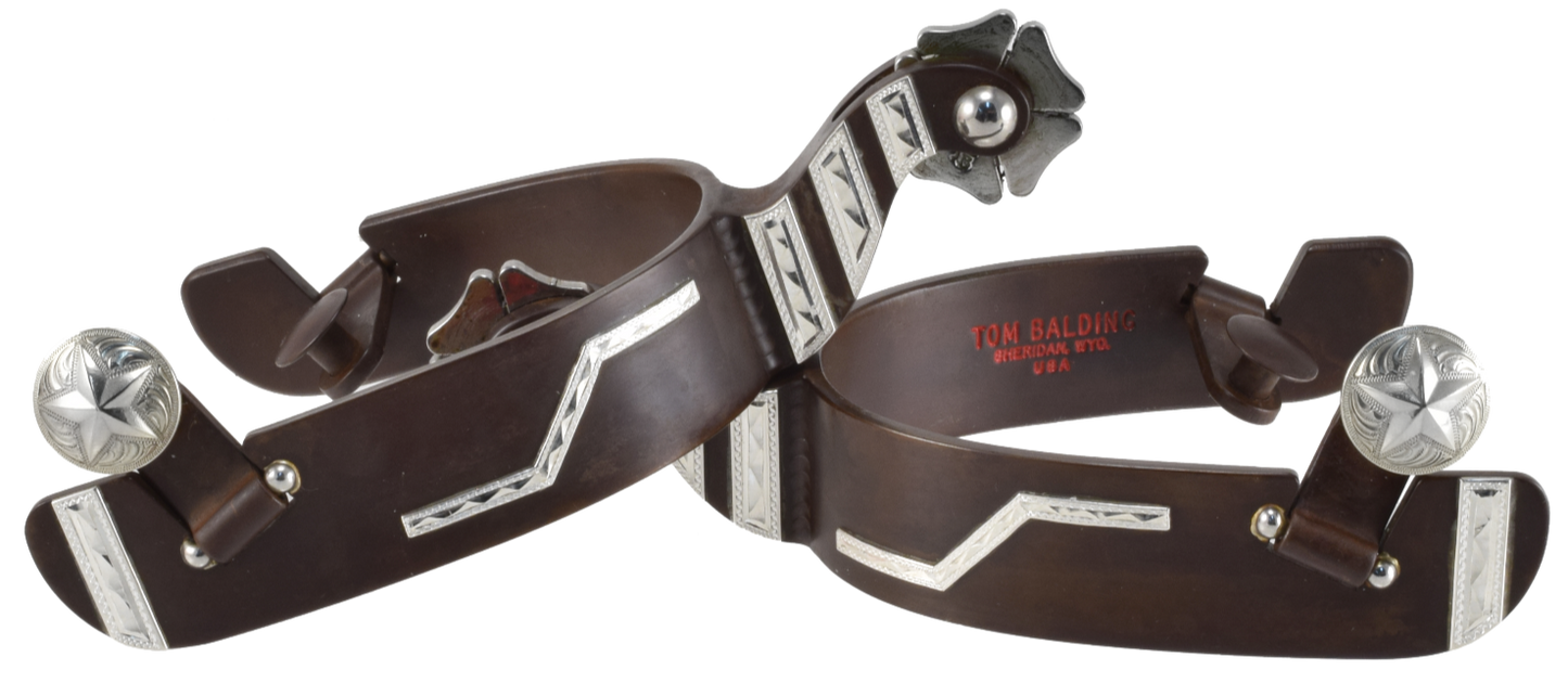 Equestrian Spur #72 Finition marron avec barres argentées et marque personnalisée par Tom Balding Horse Tack
