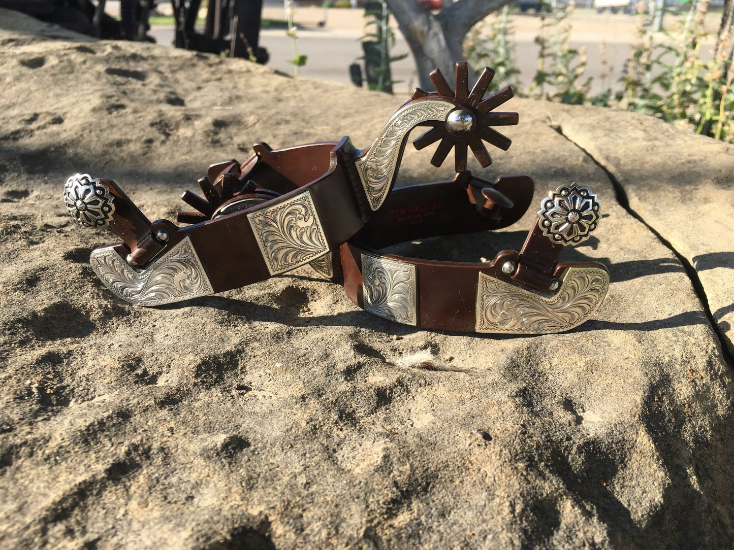 Equestrian Spur #67 Plaques d'argent gravées sur une bande coupée avec finition marron par Tom Balding Horse Tack