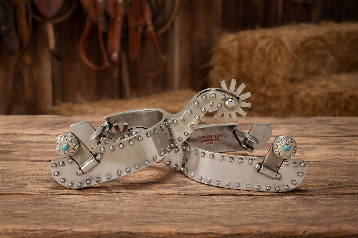 Spur #118 Stainless Spurs Silver Dots Turquoise Stone in Button