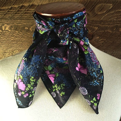 Silk Wild Rag Pattern - Purple & Blue Flowers on Black