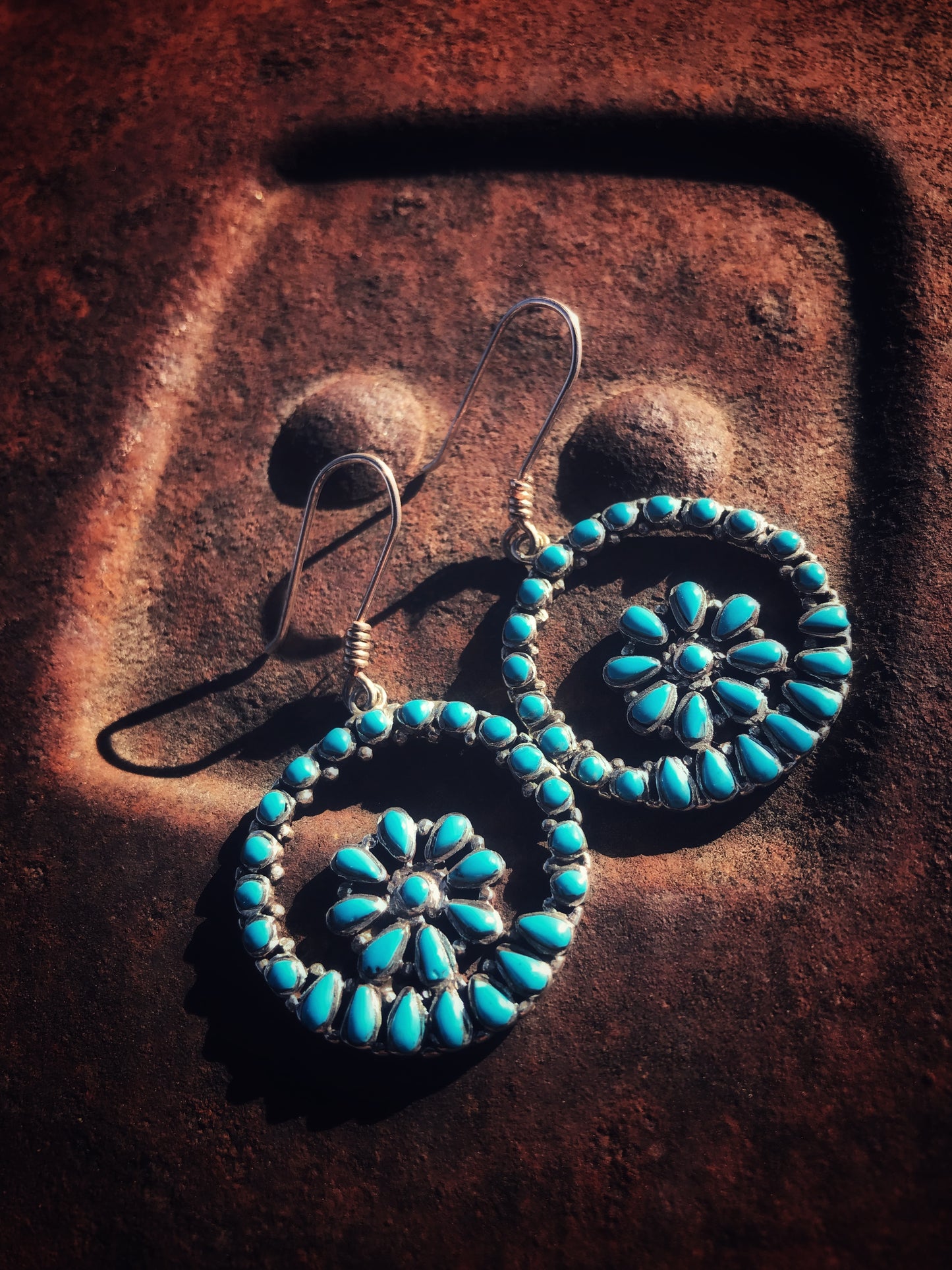 Boucles d'oreilles crochet floral turquoise et argent sterling