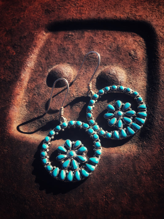 Earrings Turquoise & Sterling Silver Floral Hook