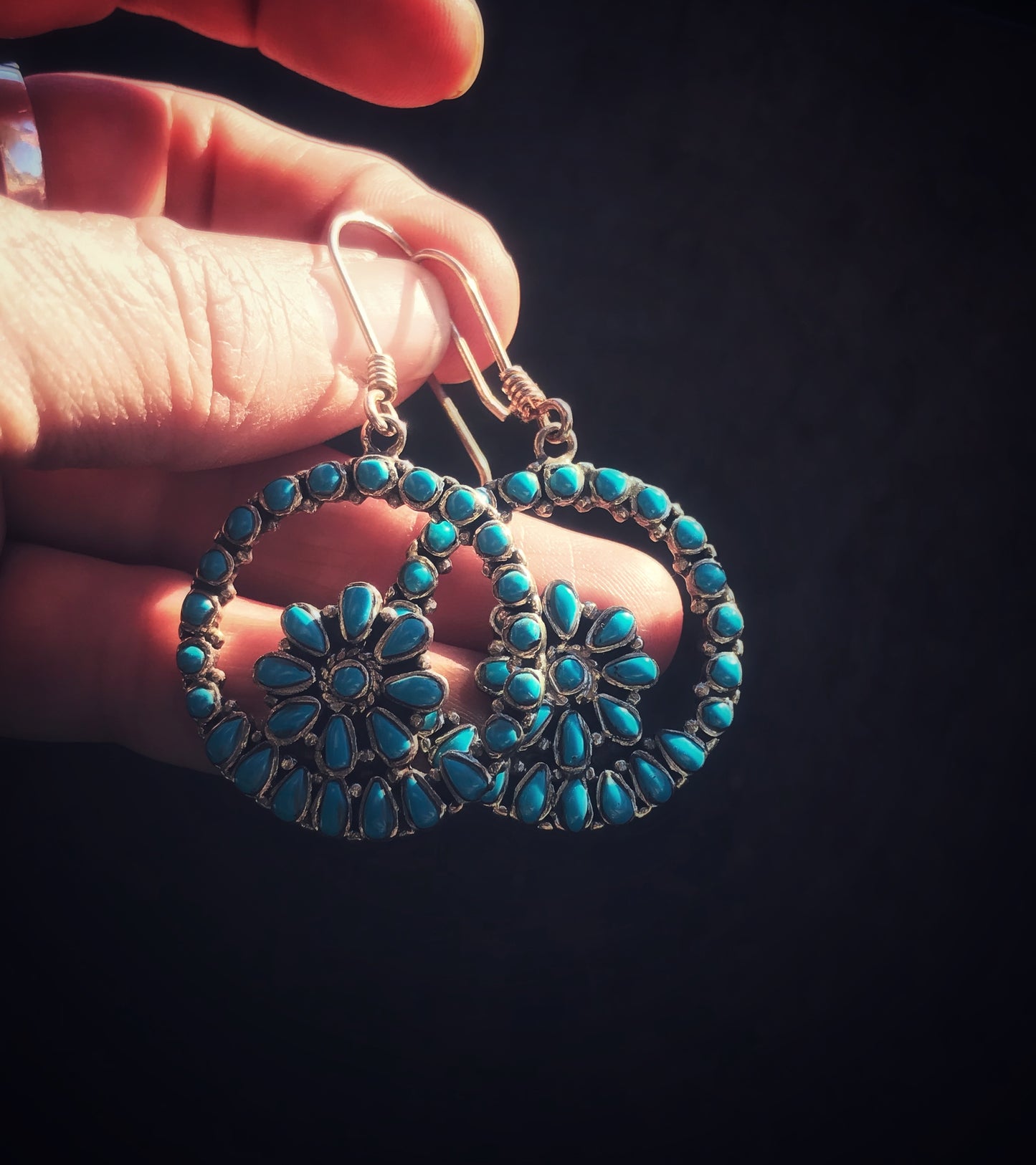 Boucles d'oreilles crochet floral turquoise et argent sterling