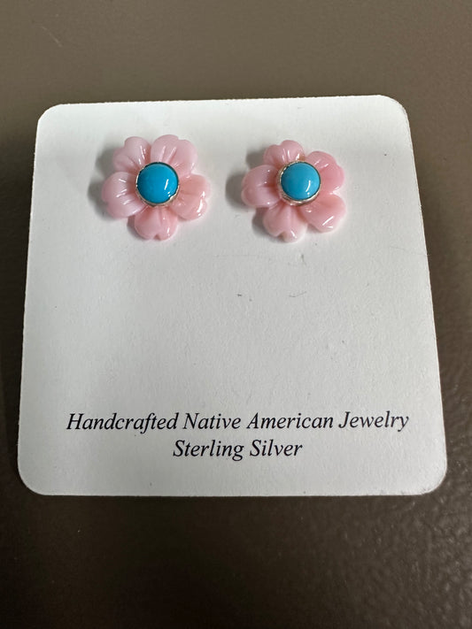 Pink Conch Flower Shell with Turquoise Center Post Earrings
