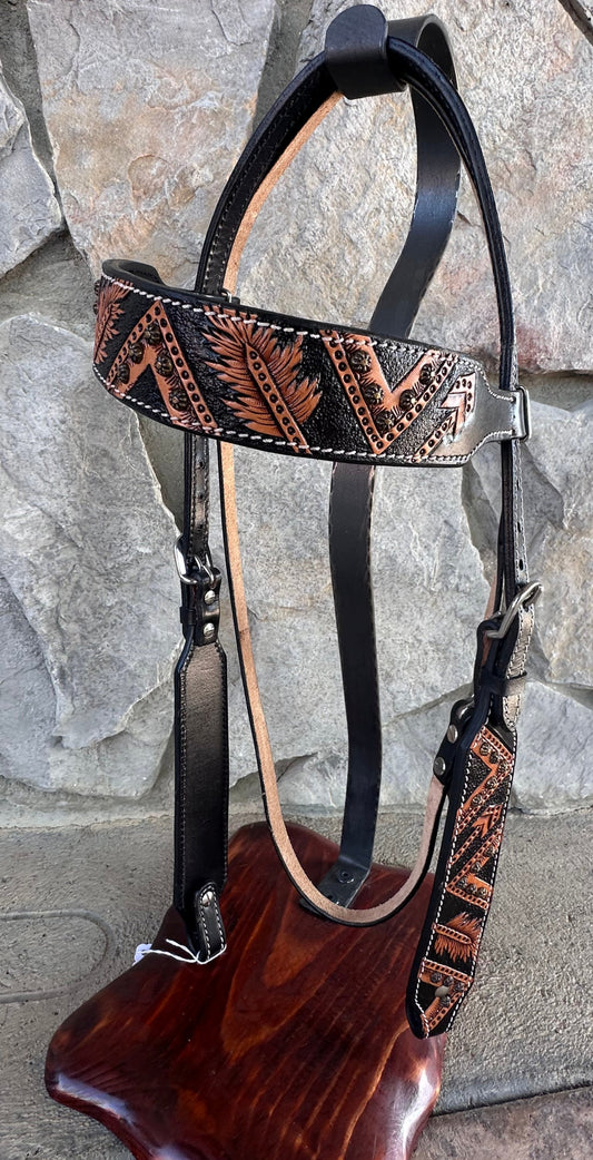Headstall #112 - Browband Headstall Light & Dark Feather