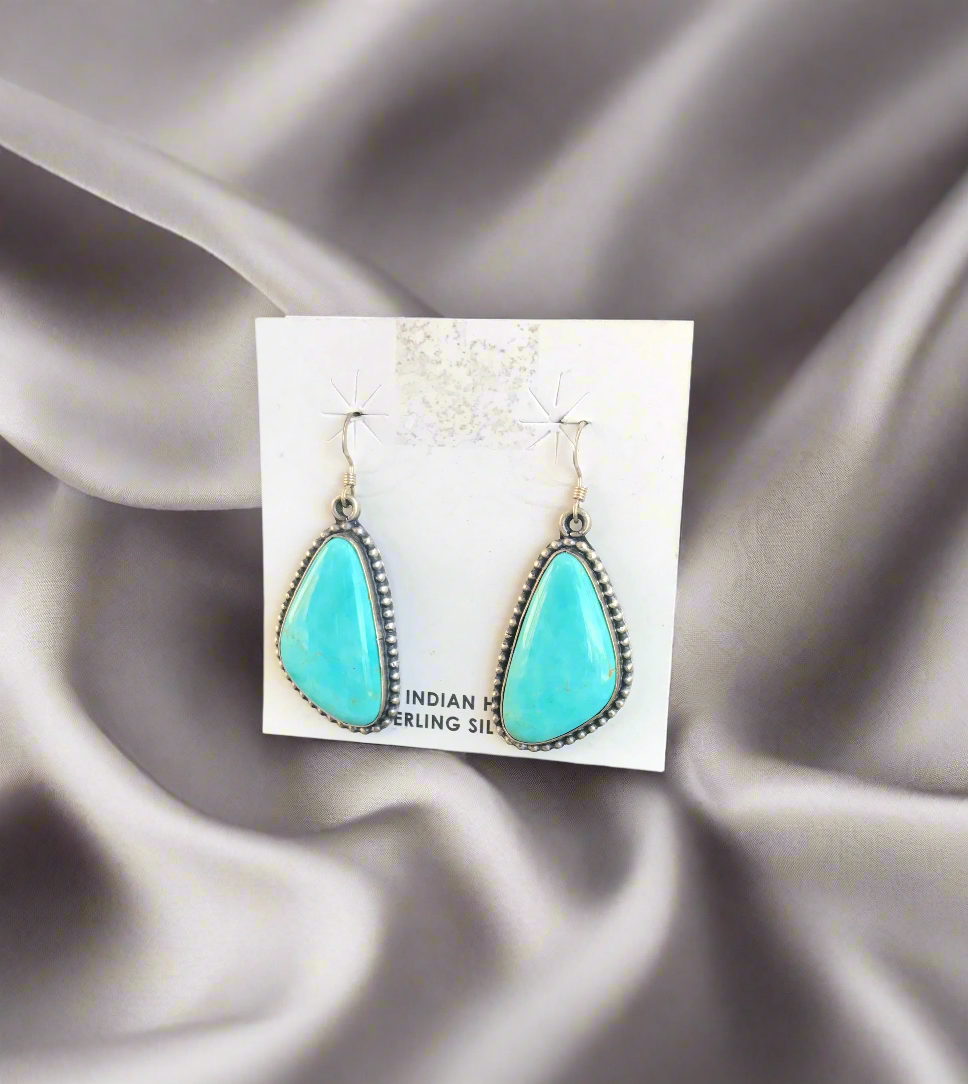 Turquoise Earring with Bead Border Sterling Silver Earrings