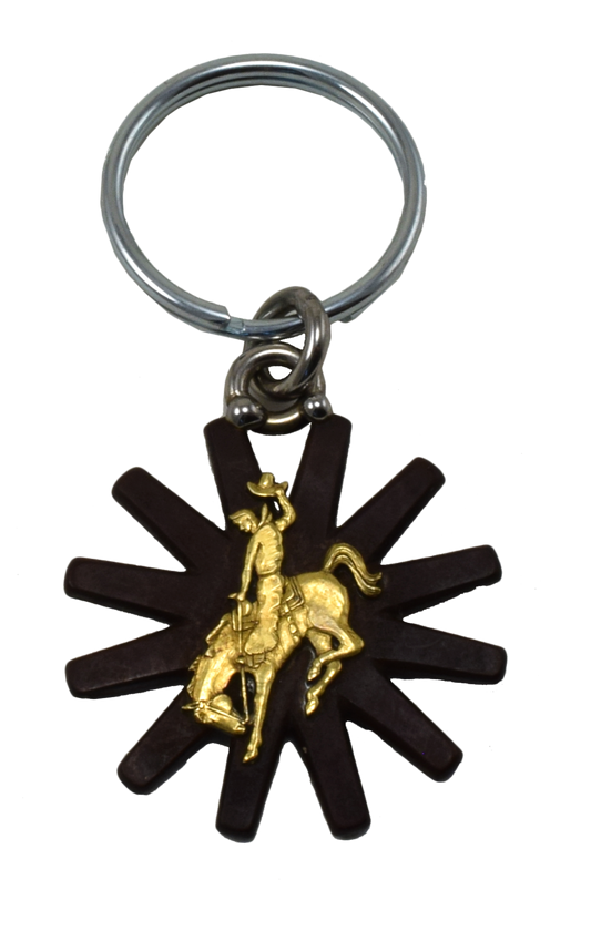Brauner Spornrad-Schlüsselanhänger mit buckelndem Pferd - Messing