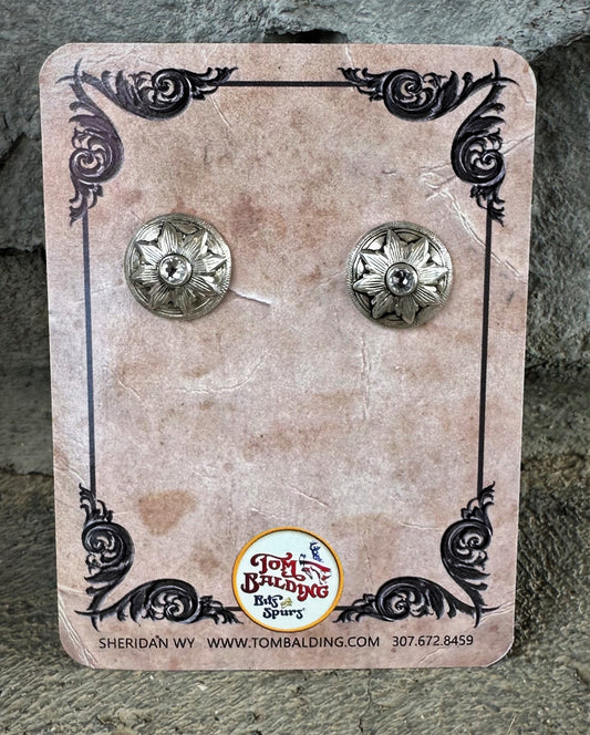 Boucles d'oreilles classiques en argent sterling Flower Burst Concho avec diamant simulé par Tom Balding