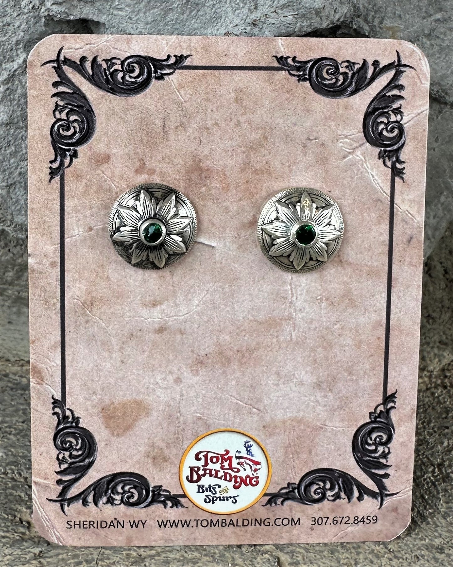 Classic Sterling Silver Flower Burst Concho Earrings With Simulated Peridot