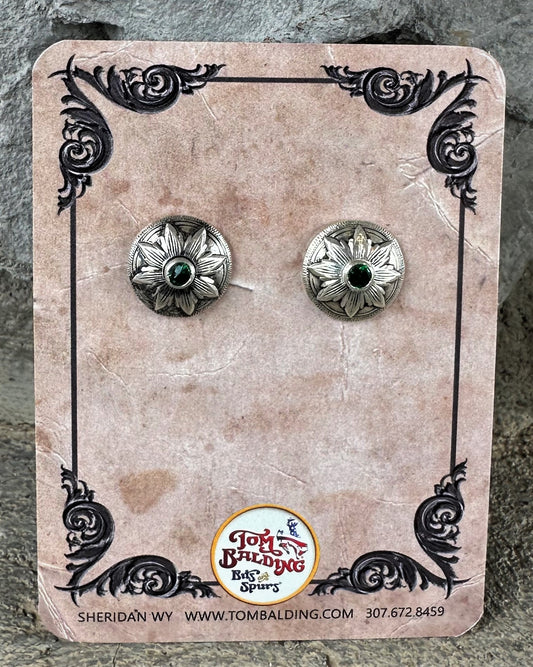 Boucles d'oreilles classiques en argent sterling Flower Burst Concho avec péridot simulé par Tom Balding