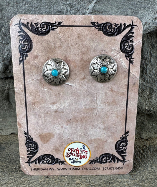 Classic Sterling Silver Flower Burst Concho Earrings With Simulated Turquoise