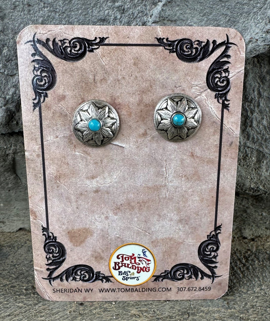 Boucles d'oreilles classiques en argent sterling Flower Burst Concho avec turquoise simulée par Tom Balding