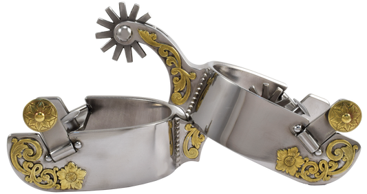 Equestrian Spur #55 Brass Floral avec finition en acier inoxydable par Tom Balding Horse Tack