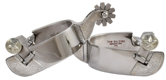 Éperon équestre #52 argent gravé sur la tige et le bras oscillant et finition en acier inoxydable par Tom Balding Horse Tack