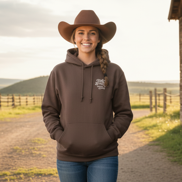 Tom Balding Bits & Spurs Cocoa Hoodie – Western Ranch Wear Comfort