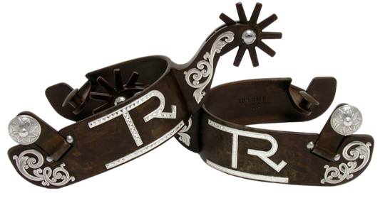 Equestrian Spur #10 Floral avec marque personnalisée et finition marron par Tom Balding Horse Tack