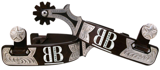 Éperon équestre # 39 Bande de style Texas avec plaques d'argent et marque personnalisée et finition marron par Tom Balding Horse Tack
