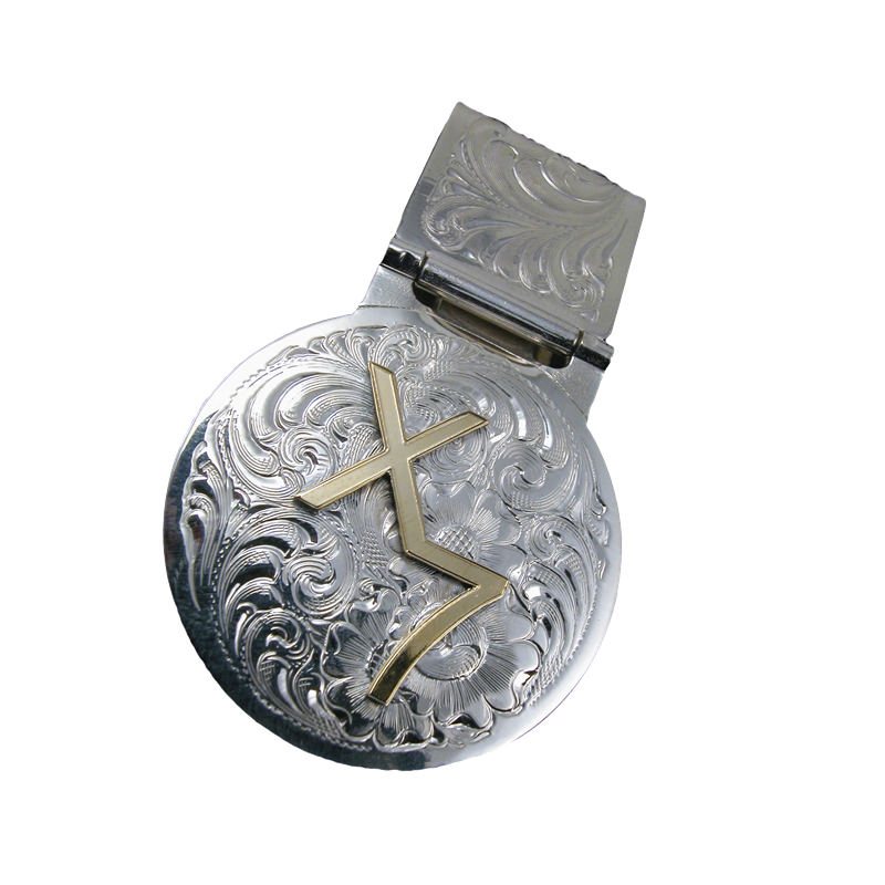 Pince à billets ronde à motif gravé en argent allemand avec initiales ou marque par Tom Balding Bits &amp; Spurs