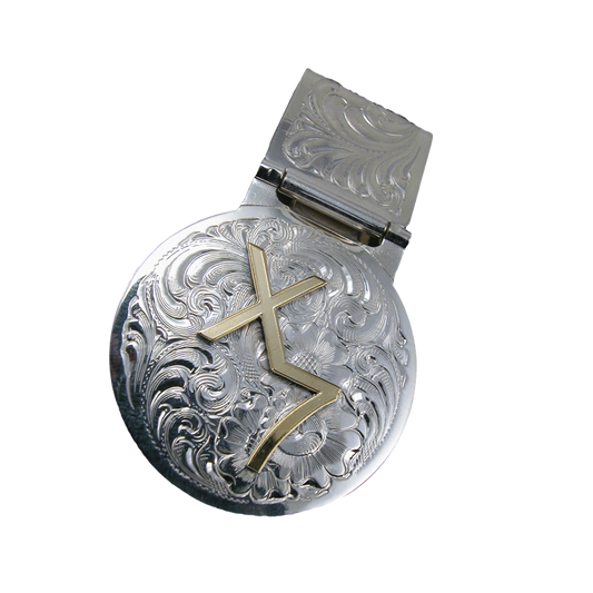 Fermasoldi rotondo con motivo inciso in argento tedesco con iniziali o marchio