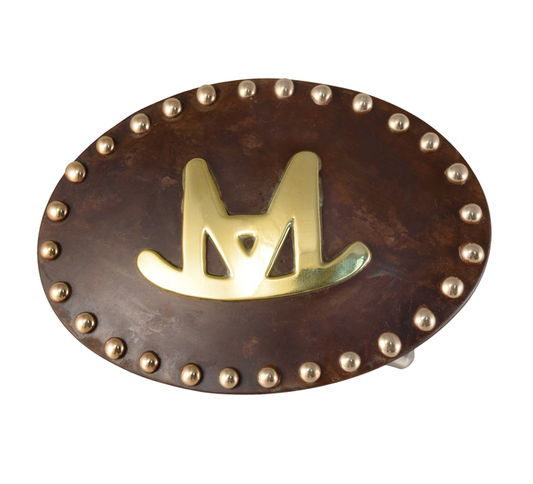 Fibbia per cintura in acciaio con finitura marrone-Puntini e marca in ottone, nome o initals