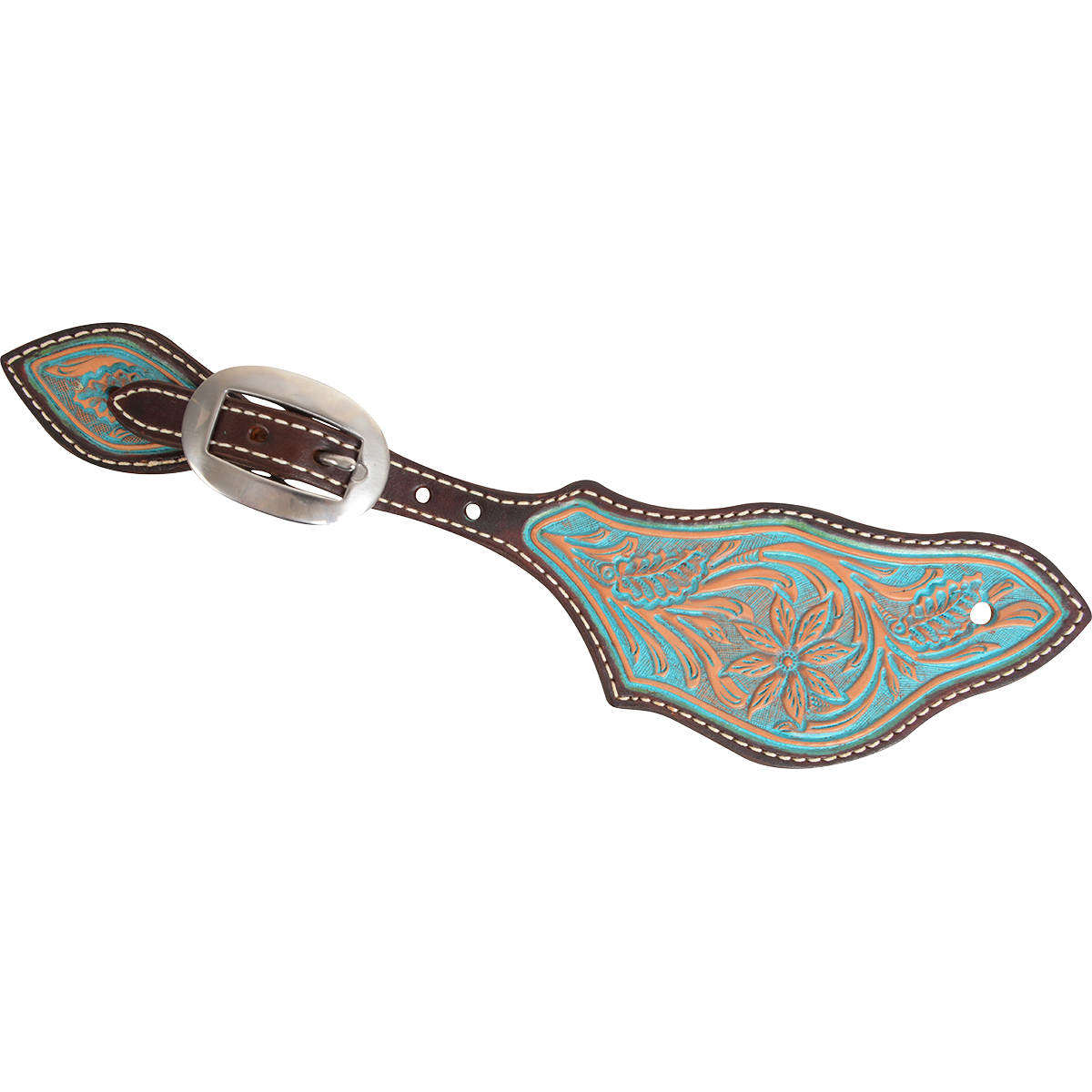Spur Strap #62 Natural Skirting Leather Strap With Desert Flower Tooling with Turquoise Wash