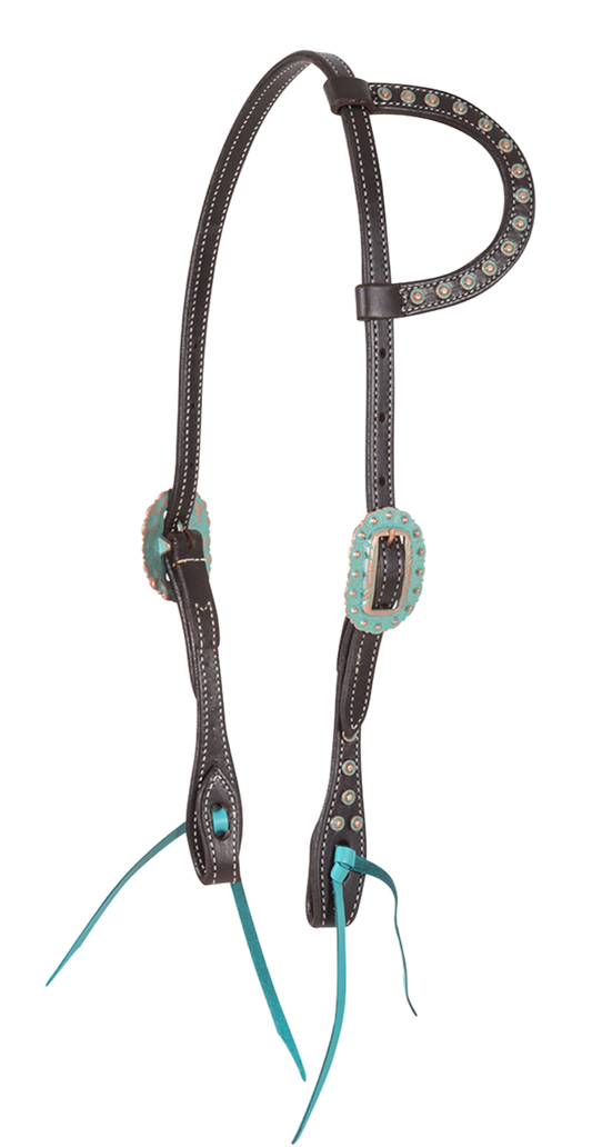 Headstall #56 - Slip Ear Headstall Chocolate with Antiqued Turquoise Dots
