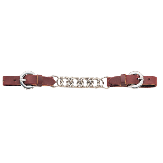 Sangle de gourmette équine # 5 en cuir avec chaîne et boucles en acier inoxydable portée par Tom Balding Horse Tack