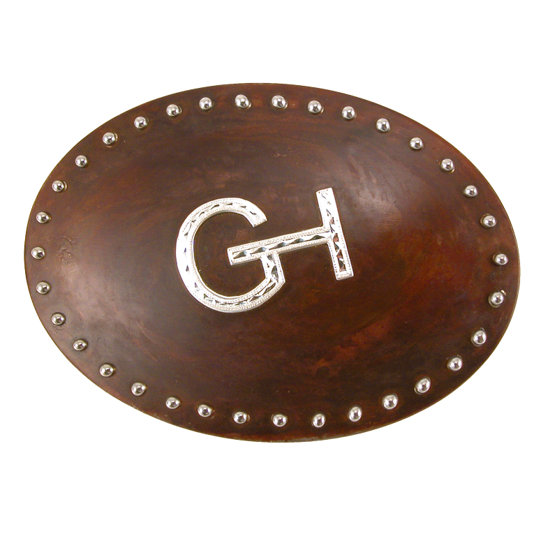 Hebilla de cinturón de acero con acabado marrón-Puntos y marca personalizada o nombre/iniciales