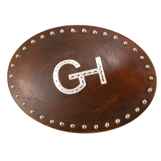 Boucle de ceinture en acier avec finition brun-Points et marque personnalisée ou nom/initiales