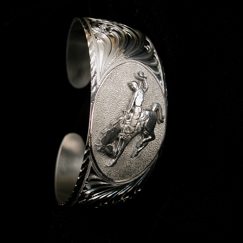 Hand Engraved Sterling Silver Bucking Horse Bracelet